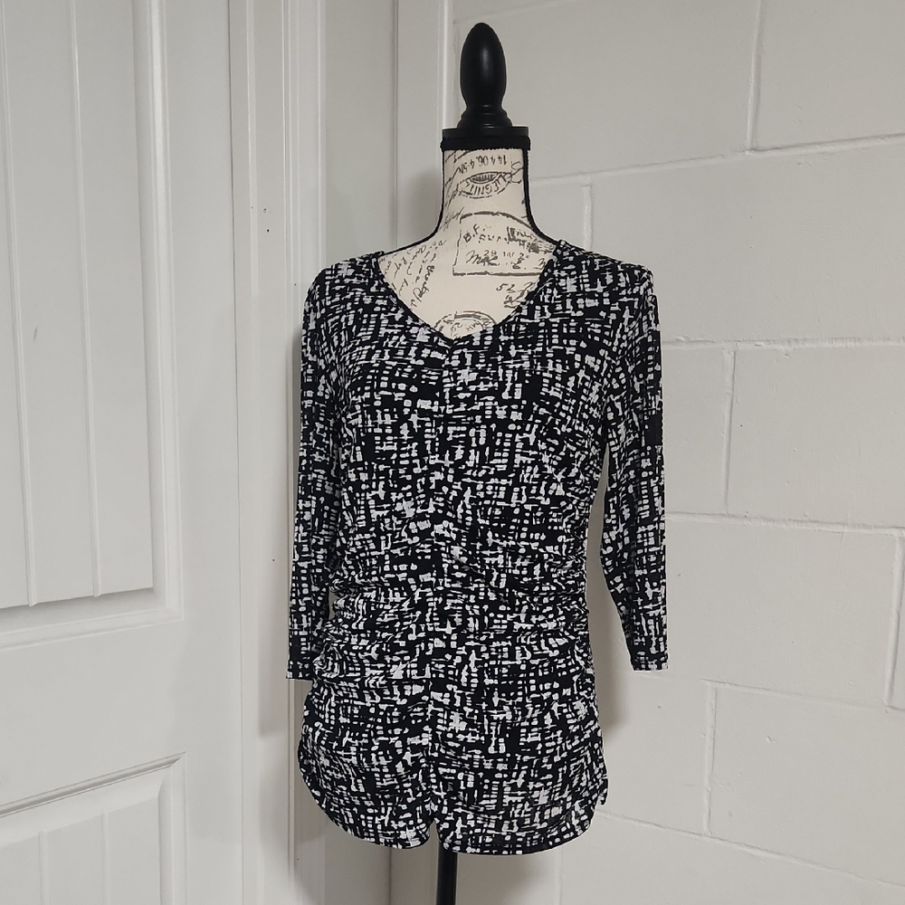 Coldwater Creek Ruched Black and White Women's 3/4 Sleeve Top Size Large